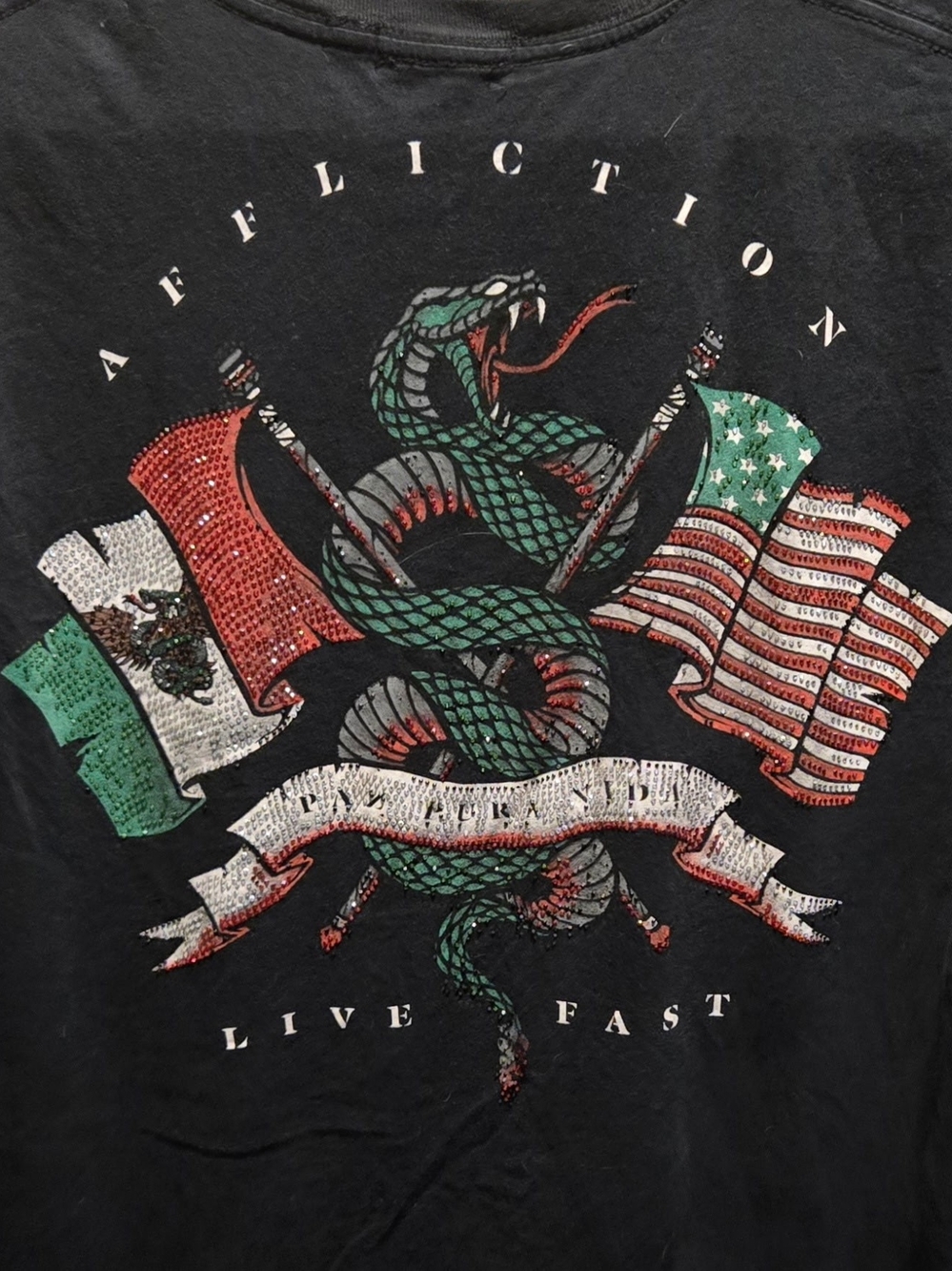 Affliction Black Tee with Green Snake and Red/White Flags